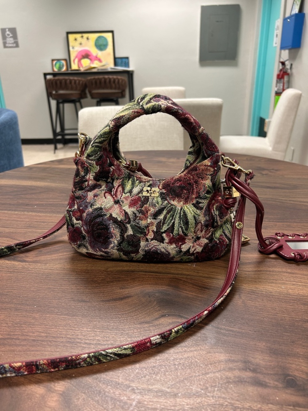 Ganni Floral Tapestry Mini Bag in Burgundy and Green
